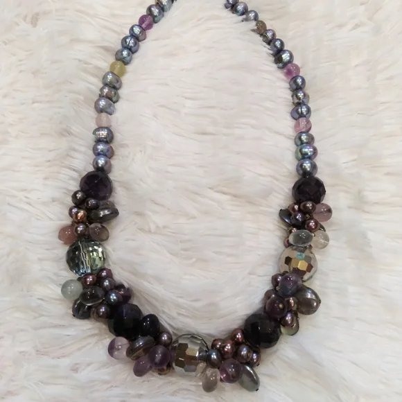 Genuine Pearl Amethyst Crystal Gemstone Necklace - Picture 2 of 10